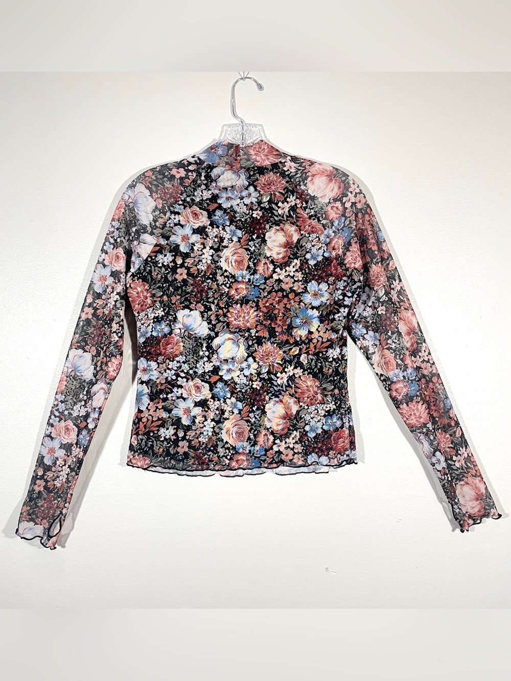 Floral Mesh Mock Neck Top Sheer Long Sleeve Coquette Fairy Grunge - Picture 2 of 7